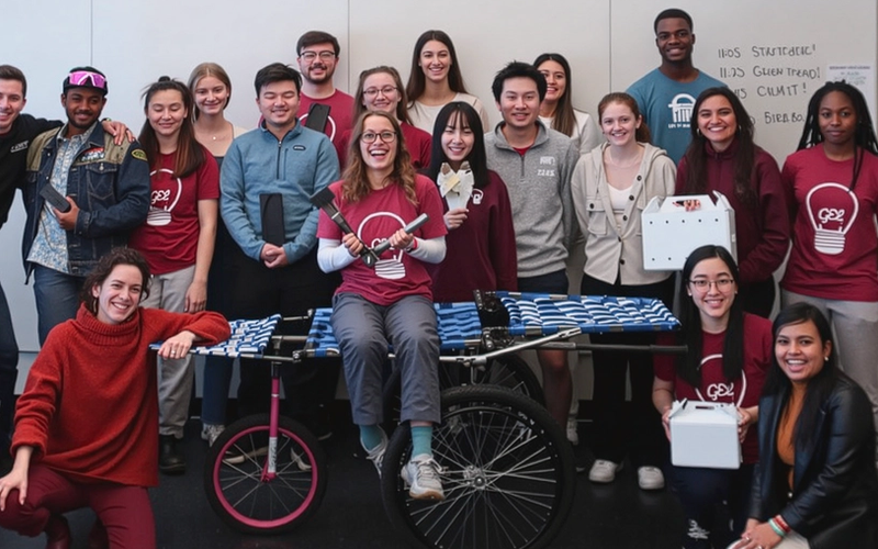 A group of MIT D-Lab students pose together in a classroom, standing and kneeling around a prototype stretcher mounted on bicycle wheels. Some students wear matching t-shirts with a lightbulb logo, and others hold small devices.